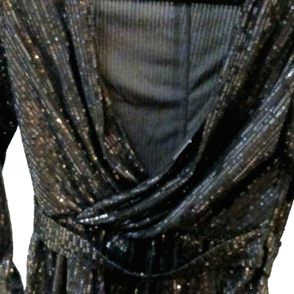 TICKLED TEAL Sequins Wrap Dress Sz S BLACK V-neck V Front Shiny Cocktail Party - Picture 4 of 16